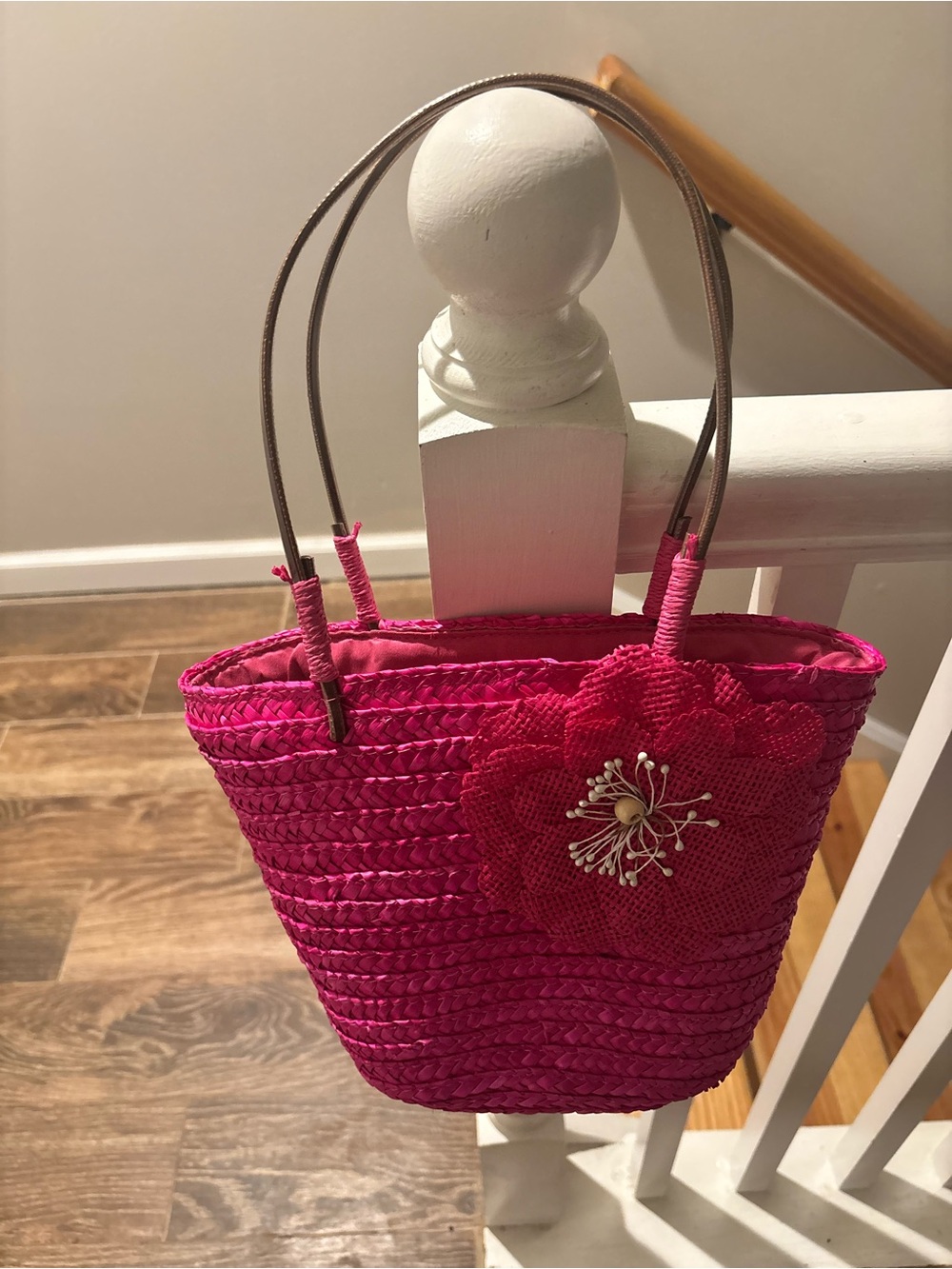 Bright Pink Woven Flower Tote Bag
